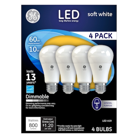 GE LED Soft White A19 Dimmable Light Bulb, 10 W, PK4 67615